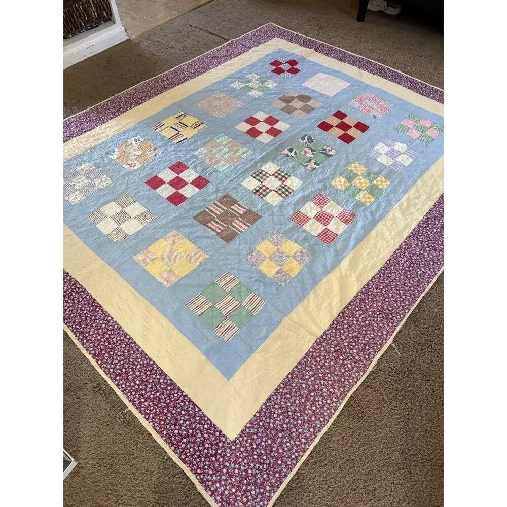 Vtg CottageCore Hand sown Patchwork Quilt 78x94 Reversible Yellow Distressed
